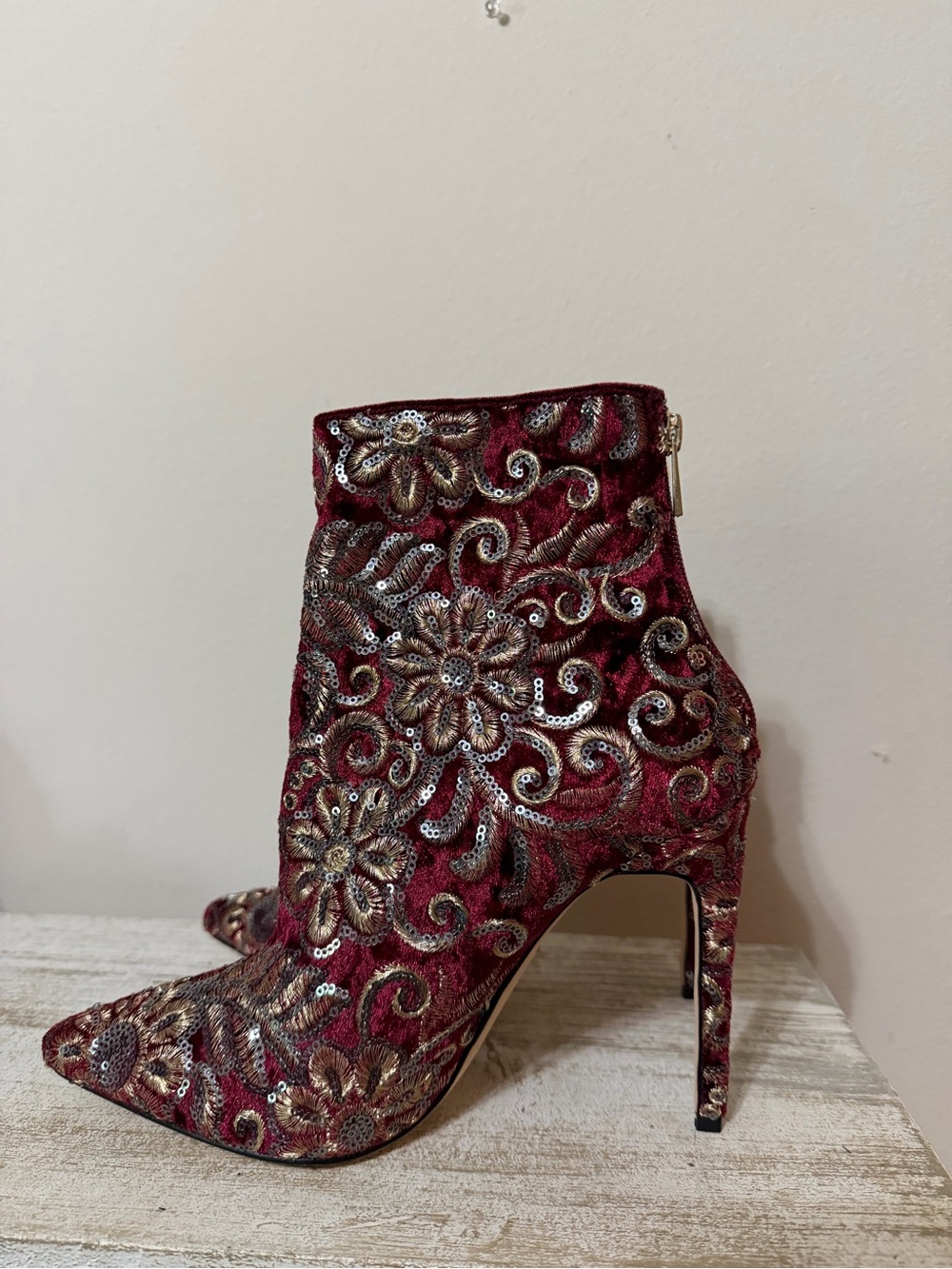 Raye Embroidered Burgundy Floral Sequin Ankle Boot